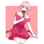  1girl artist_name bangs bare_shoulders blush brown_hair character_name choker collarbone commentary_request dangan_ronpa_(series) dangan_ronpa_2:_goodbye_despair double_bun dress flower hair_bun high_heels highres holding holding_flower looking_at_viewer nanami_chiaki off-shoulder_dress off_shoulder official_alternate_costume pink_background pink_choker pink_dress pink_hair red_flower red_footwear red_rose rose signature sitting smile solo subro white_background 