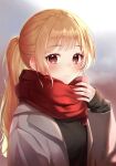  1girl bangs black_sweater blonde_hair blunt_bangs blurry blurry_background blush brown_eyes closed_mouth dd_0000 eyebrows_visible_through_hair hand_up highres jewelry long_hair long_sleeves looking_at_viewer open_clothes original ponytail red_scarf ring scarf sleeves_past_wrists smile solo sweater symbol_commentary upper_body 