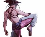  1girl 6maker back back_view bangs black_hair blunt_bangs breasts capcom drill_hair feet female han_juri sideboob sidelocks simple_background soles solo standing_on_one_leg street_fighter street_fighter_iv toes triceps twin_drills white_background 