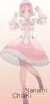  1girl :3 alternate_costume bangs beige_background blush bow character_name commentary_request dangan_ronpa_(series) dangan_ronpa_2:_goodbye_despair dress frilled_dress frills full_body gradient gradient_background hairband hands_up heart heart_print highres layered_dress leg_up light_brown_hair long_sleeves looking_at_viewer nanami_chiaki pink_bow pink_dress pink_eyes pink_legwear shoes smile solo striped striped_legwear thigh-highs tuteurfars_shin 
