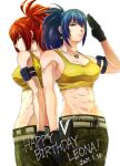  abs bare_shoulders belt biceps black_gloves blue_eyes blue_hair breasts camouflage camouflage_pants dark_persona dated dog_tags earrings gloves highres itsuho_(panel11) jewelry leona_heidern midriff multiple_persona muscular muscular_female navel orochi_leona pants ponytail pouch redhead salute tank_top the_king_of_fighters the_king_of_fighters_xiv the_king_of_fighters_xv triangle_earrings yellow_tank_top 