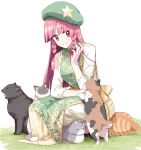  1girl beret black_cat braid cat china_dress chinese_clothes dress grey_cat hair_ribbon hat hat_ornament hong_meiling long_hair multiple_cats red_eyes redhead ribbon sakuraba_yuuki smile squatting star_(symbol) star_hat_ornament touhou twin_braids 