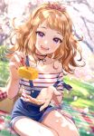  1girl absurdres bandaid bangs blonde_hair blue_eyes breasts chopsticks closed_mouth day fingernails food highres lips long_hair looking_at_viewer morikura_en off_shoulder original outdoors scan simple_background sitting small_breasts smile solo striped 