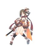  1girl animal_ears braid brown_hair full_body hair_rings highres holding holding_sword holding_weapon inui_(utawareru_mono) katana kneehighs knees_together_feet_apart long_sleeves obi official_art red_eyes sandals sash sheath sheathed simple_background smile solo sword tail utawareru_mono utawareru_mono:_lost_frag weapon white_background 