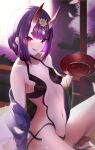  1girl absurdres alcohol bare_shoulders blush cup fang fate/grand_order fate_(series) full_moon hair_between_eyes highres holding holding_cup horns knee_up looking_at_viewer medium_hair midriff moon navel oni oni_horns parted_lips purple_hair revealing_clothes sakazuki sake shuten_douji_(fate/grand_order) sman smile smug solo takom violet_eyes 