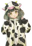  1girl animal_costume animal_hood bob_cut braid brown_eyes cow_costume cowboy_shot green_hair highres hood kantai_collection looking_at_viewer short_hair sidelocks simple_background solo standing takanami_(kantai_collection) white_background yashin_(yasinz) 