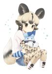  1girl :/ african_wild_dog_(kemono_friends) african_wild_dog_print animal_ears animal_print bangs black_eyes black_hair bodystocking closed_mouth cropped_legs cutoffs dog_ears dog_girl dog_tail extra_ears eyebrows_visible_through_hair hug kemono_friends knees_up kuromitsu_(9633_kmfr) long_sleeves lucky_beast_(kemono_friends) medium_hair multicolored_hair parted_bangs shirt short_over_long_sleeves short_sleeves shorts sidelocks sitting tail two-tone_hair 