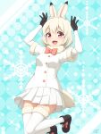  1girl :d absurdres animal_ears arms_up bangs black_footwear boots bow bow_footwear bowtie bunny_girl bunny_pose bunny_tail commentary fur-trimmed_legwear fur-trimmed_sleeves fur_collar fur_trim gloves highres jumping kemono_friends looking_at_viewer mountain_hare_(kemono_friends) open_mouth patterned_background pink_bow pink_neckwear pleated_skirt rabbit_ears red_eyes shiraha_maru short_hair short_sleeves signature simple_background skirt smile snowflake_background solo tail thigh-highs white_hair white_legwear white_skirt zettai_ryouiki 