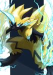  blue_eyes claws electricity fangs gen_7_pokemon highres ikei mixed-language_commentary mythical_pokemon no_humans open_mouth pokemon pokemon_(creature) sideways_glance solo yellow_fur zeraora 