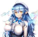  1girl 2021 bangs bare_shoulders beret blue_hair breasts center_frills closed_mouth commentary_request corset crossed_bangs dress flower flower_request frills hair_flower hair_ornament hand_on_own_chest hat heart highres hololive large_breasts long_hair looking_at_viewer nidaime_(doronbo) pointy_ears simple_background sleeveless sleeveless_dress smile solo translation_request upper_body white_background white_dress white_flower white_headwear yellow_eyes yukihana_lamy 