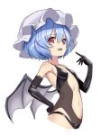  1girl alternate_costume bare_shoulders bat_wings black_gloves black_wings blue_hair breasts eha7y elbow_gloves fang gloves hat highres looking_at_viewer mob_cap navel red_eyes remilia_scarlet revealing_clothes short_hair simple_background small_breasts smile solo touhou upper_body white_background white_headwear wings 