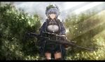  1girl chukavin_svch expressionless girls_frontline gloves goggles goggles_on_head green_eyes gun headphones headphones_around_neck highres holding holding_gun holding_weapon jacket jhands_onpc looking_at_viewer nature outdoors rifle scope shirt short_hair shorts silver_hair sniper_rifle solo svch_(girls_frontline) thigh-highs thighs weapon white_shirt 