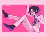  1boy black_hair bright_pupils ceni checkered checkered_neckwear dangan_ronpa_(series) dangan_ronpa_v3:_killing_harmony fang formal hair_between_eyes highres jacket long_sleeves looking_at_viewer male_focus official_alternate_costume open_mouth ouma_kokichi pant_suit purple_hair purple_nails short_hair simple_background sitting smile solo suit vest violet_eyes white_pupils 