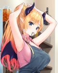  1girl apron armpits bangs bare_shoulders blonde_hair blue_apron blue_eyes blush breasts collared_shirt commentary_request demon_girl demon_horns eyebrows_visible_through_hair hair_tie hair_tie_in_mouth high_ponytail hololive horns large_breasts long_hair mouth_hold multicolored_hair pensuke pink_shirt pointy_ears shelf shirt sleeveless sleeveless_shirt virtual_youtuber wings yuzuki_choco 