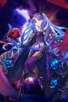  1girl bangs blue_bodysuit blue_cloak blue_eyes blue_hair bodysuit breasts cloak csyday facial_mark fate/grand_order fate_(series) forehead_mark fur-trimmed_cloak fur_trim hair_ribbon highres horns ishtar_(fate)_(all) legs long_hair looking_at_viewer medium_breasts multicolored_hair orb parted_bangs ribbon space_ishtar_(fate) symbol-shaped_pupils two-tone_hair two_side_up 