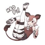  1girl acesrulez animal_ears animal_print brown_eyes brown_hair cutoffs denim denim_shorts detached_sleeves extra_ears eyebrows_visible_through_hair full_body grey_hair hair_between_eyes hand_up happy_birthday kemono_friends knee_up leg_up legwear_under_shorts looking_at_viewer lying medium_hair multicolored_hair okapi_(kemono_friends) okapi_ears okapi_tail on_back one_eye_closed pantyhose parted_lips print_legwear shirt shoes shorts simple_background sleeveless sleeveless_shirt smile solo tail two-tone_hair white_background 