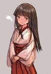 1girl absurdres alternate_costume bangs black_hair blunt_bangs breath brown_eyes commentary grey_background hakama hatsuyuki_(kantai_collection) highres hime_cut japanese_clothes kantai_collection kimono long_hair looking_at_viewer miko red_hakama simple_background solo standing v_arms wss_(nicoseiga19993411) 