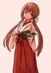  1girl absurdres alternate_costume branch brown_eyes brown_hair cowboy_shot grey_background hakama highres japanese_clothes kantai_collection long_hair looking_at_viewer low_twintails miko red_hakama simple_background solo standing tashkent_(kantai_collection) twintails wss_(nicoseiga19993411) 