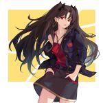  1girl belt black_ribbon casual earrings fate/grand_order fate_(series) hair_ribbon hands_in_pockets ishtar_(fate)_(all) ishtar_(fate/grand_order) jewelry long_hair looking_at_viewer open_mouth red_eyes ribbon sakanasoko skirt solo space 