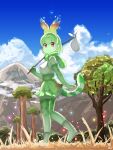 1girl animal_ears bare_shoulders bow bowtie cerval colored_skin commentary_request elbow_gloves extra_ears eyebrows_visible_through_hair full_body gloves green_footwear green_gloves green_hair green_legwear green_neckwear green_skin green_skirt high-waist_skirt highres kemono_friends multicolored_hair print_gloves print_legwear print_neckwear print_skirt rainbow_hair red_eyes serval_ears serval_girl serval_print serval_tail shi_(kamokamo910) shirt short_hair skirt sleeveless solo sparkle tail thigh-highs walking white_shirt 