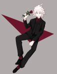  1boy antenna_hair bangs black_footwear black_neckwear black_pants black_vest closed_mouth collared_shirt commentary_request dangan_ronpa_(series) dangan_ronpa_2:_goodbye_despair flower formal full_body grey_background grey_eyes hair_between_eyes hand_up highres holding holding_flower komaeda_nagito long_sleeves looking_at_viewer male_focus messy_hair necktie pale_skin pants red_flower red_legwear red_neckwear red_rose red_shirt rose shirt shoes simple_background sitting smile socks solo subro suit vest white_hair 