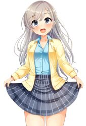  1girl :d bangs blue_shirt blush braid braided_bangs breasts collarbone collared_shirt dress_shirt earrings eyebrows_visible_through_hair gaichi grey_eyes grey_hair grey_skirt highres hisakawa_hayate holding holding_clothes holding_skirt idolmaster idolmaster_cinderella_girls jacket jewelry long_hair long_sleeves looking_at_viewer open_clothes open_jacket open_mouth plaid plaid_skirt pleated_skirt shirt simple_background skirt small_breasts smile solo standing very_long_hair white_background yellow_jacket 