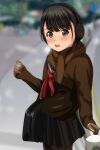  1girl absurdres bangs black_hair black_sailor_collar black_skirt blurry blurry_background blush breath brown_eyes brown_gloves brown_jacket brown_legwear brown_scarf depth_of_field earmuffs eyebrows_visible_through_hair gloves highres jacket long_sleeves matsunaga_kouyou nose_blush open_mouth original pantyhose pinching_sleeves pleated_skirt red_neckwear sailor_collar scarf school_uniform serafuku sitting skirt sleeves_past_wrists solo upper_teeth 