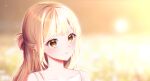  1girl bangs bare_shoulders blonde_hair blunt_bangs blurry blurry_background blush brown_eyes collarbone dd_0000 eyebrows_visible_through_hair face highres long_hair looking_at_viewer off_shoulder original parted_lips solo spaghetti_strap symbol_commentary 