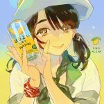  1girl black_hair blue_background can food fruit gradient gradient_background hands_up hat kuribulb leaf lemon long_hair looking_at_viewer original shirt short_sleeves smile solo twintails upper_body white_shirt yellow_background yellow_eyes 