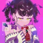  1girl bangs bow can earrings food fruit grapes hair_ribbon holding holding_can jewelry kuribulb leaf off-shoulder_shirt off_shoulder original purple_background purple_bow purple_ribbon ribbon shirt short_hair simple_background sleeves_past_wrists solo striped striped_shirt twintails yellow_eyes 