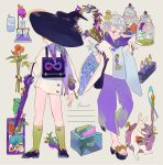  2girls animal black_footwear black_headwear earrings erlenmeyer_flask flower frog green_legwear grey_hair hat jewelry kuribulb leaf long_sleeves multiple_girls original pants purple_flower purple_pants purple_umbrella rabbit red_flower sandals shelf shirt shoes short_hair socks umbrella violet_eyes white_shirt wide_sleeves witch_hat wreath 