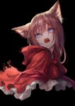  1girl animal_ear_fluff animal_ears bangs black_background blue_eyes bow brown_hair capelet cat_ears eyebrows_visible_through_hair fangs frilled_capelet frills hair_between_eyes highres hood hood_down hooded_capelet little_red_riding_hood little_red_riding_hood_(grimm) looking_at_viewer okuma_mai open_mouth red_bow red_capelet saliva simple_background solo 