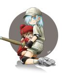  1boy 1girl aa-2153 baseball_cap blue_eyes blue_hair brown_eyes brown_hair child dusa erythroblast_(hataraku_saibou) grey-framed_eyewear hat hataraku_saibou hataraku_saibou_black kneeling medium_hair myelocyte_(hataraku_saibou) pom_pom_(clothes) red_headwear red_shirt red_shorts scared semi-rimless_eyewear shirt shorts u-1196 under-rim_eyewear white_headwear white_shirt younger 