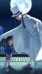  2boys bangs blazer blue_eyes blue_shirt bow bowtie brown_hair building cape child closed_mouth collared_shirt commentary_request dress_shirt edogawa_conan eye_contact formal from_side full_body full_moon glasses gloves grey_footwear grey_shorts hair_between_eyes hand_in_pocket hands_on_hips hat height_difference jacket k_gear_labo kaitou_kid leaning_forward long_sleeves looking_at_another magic_kaito male_focus meitantei_conan monocle moon multiple_boys necktie pants railing red_bow red_neckwear shadow shirt shoes short_hair shorts skyscraper smirk sneakers standing suit top_hat white_cape white_footwear white_gloves white_jacket white_pants white_shirt white_suit 