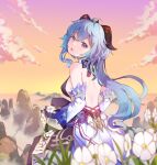  1girl :o backless_outfit bare_shoulders bell blush bow breasts clouds cloudy_sky cowbell detached_sleeves flower ganyu_(genshin_impact) genshin_impact goat_horns grass hair_bow highres horns kinodesu-0815 long_sleeves looking_at_viewer mountain open_mouth sideboob sitting sky solo sunset violet_eyes 