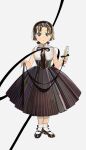  1girl black_dress black_footwear black_ribbon blue_eyes champagne_flute cup dress drinking_glass highres holding holding_cup kuribulb looking_at_viewer original parted_lips ribbon shoes simple_background sleeveless sleeveless_dress socks solo white_background white_legwear 