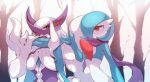  bare_tree eyelashes floating_scarf gardevoir gen_3_pokemon gen_8_pokemon grimmsnarl highres ojikano open_mouth outdoors pointing pokemon pokemon_(creature) purple_scarf red_eyes scarf signature tongue tree 