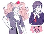  3girls bangs black_bra black_neckwear blue_eyes bow bra breasts bunny_hair_ornament collarbone commentary cosplay cropped_torso dangan_ronpa:_trigger_happy_havoc dangan_ronpa_(series) english_commentary enoshima_junko enoshima_junko_(cosplay) freckles fukawa_touko glasses grin hair_bow hair_ornament hand_on_hip ikusaba_mukuro long_hair long_sleeves looking_at_viewer medium_breasts multiple_girls nail_polish neckerchief necktie red_bow red_nails sailor_collar school_uniform shirt simple_background sketch smile sozzaydr spoilers sweatdrop twintails underwear white_neckwear wide-eyed 