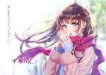  1girl absurdres bangs blurry blurry_background blush brown_eyes brown_hair earrings hair_ornament hairclip highres huge_filesize jewelry long_sleeves looking_at_viewer morikura_en open_mouth original scan scarf shiny shiny_hair simple_background sleeves_past_wrists solo winter_clothes 