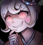  1girl bangs black_background blonde_hair blush_stickers bow commentary crown dangan_ronpa_(series) dangan_ronpa_2:_goodbye_despair face finger_to_own_chin green_bow grin hair_bow hair_ornament highres japanese_clothes kimono long_hair looking_at_viewer official_style saionji_hiyoko simple_background smile solo sozzaydr twintails 