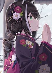  1girl :o animal_ear_fluff animal_ears back_bow bare_tree black_flower black_hair bow cat_ears cat_girl floral_print flower frilled_kimono frilled_sleeves frills green_eyes hair_bun hair_flower hair_ornament highres japanese_clothes karyl_(princess_connect!) kimono long_hair long_sleeves multicolored_hair obi own_hands_together parted_lips praying princess_connect! princess_connect!_re:dive print_kimono purple_flower sash side_bun sideways_mouth solo streaked_hair tree two-tone_hair upper_body white_flower white_hair wide_sleeves winter yukarite 