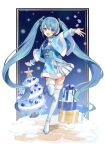  1girl aqua_eyes argyle bangs bauble blue_neckwear blush boots buttons capelet christmas_tree commentary_request earmuffs fur_trim garland_(decoration) gift hatsune_miku highres long_hair long_sleeves necktie outstretched_arms pleated_skirt skirt snow snowflakes solo standing standing_on_one_leg star_(symbol) thigh-highs thigh_boots twintails urata_asao very_long_hair vocaloid wing_collar yuki_miku zettai_ryouiki 