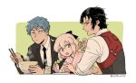  1girl 2boys :o :t asaya_minoru bangs black_bow black_hair black_jacket black_neckwear blue_hair bow bowl brown_eyes character_request chopsticks closed_mouth collared_shirt cropped_torso cup dango eating eyebrows_visible_through_hair fate/grand_order fate_(series) food formal green_background hair_between_eyes hair_bow holding holding_chopsticks holding_food jacket japanese_clothes kimono koha-ace multiple_boys necktie okita_souji_(fate) okita_souji_(fate)_(all) open_mouth pink_hair pink_kimono plate profile red_eyes saitou_hajime_(fate) sanshoku_dango shirt short_sleeves steam suit twitter_username two-tone_background upper_body v-shaped_eyebrows wagashi white_background white_shirt yunomi 