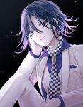  1boy artist_name bangs black_background black_hair breast_pocket checkered checkered_neckwear cheek_rest collared_shirt commentary_request dangan_ronpa_(series) dangan_ronpa_v3:_killing_harmony gradient gradient_background hair_between_eyes hand_on_own_cheek hand_on_own_face jacket knee_up long_sleeves looking_at_viewer male_focus multicolored_hair necktie official_alternate_costume ouma_kokichi pants pocket purple_hair purple_shirt sakuyu shiny shiny_hair shirt short_hair smile solo two-tone_hair vest violet_eyes white_jacket white_pants white_vest 