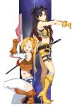  2girls :o ;d absurdres aqua_eyes back-to-back bare_shoulders black_hair black_ribbon blonde_hair blue_shorts boots breasts bright_pupils brown_footwear brown_vest calamity_jane_(fate/grand_order) clothing_cutout detached_sleeves diamond_cutout earrings eyebrows_visible_through_hair facial_hair fate/grand_order fate_(series) finger_on_trigger fringe_trim full_body grey_legwear gun hair_intakes hair_ribbon high_heel_boots high_heels highres holding holding_gun holding_weapon holster holstered_weapon hoop_earrings ishtar_(fate)_(all) jewelry katana kneehighs long_hair long_sleeves looking_at_viewer medium_breasts multicolored_hair multiple_girls one_eye_closed one_knee open_mouth outstretched_arms ponytail pretty-purin720 red_eyes redhead ribbon sheath sheathed shorts single_detached_sleeve single_kneehigh skindentation smile space_ishtar_(fate) standing star_(symbol) sword teeth thigh-highs thigh_strap tiara tiptoes two-tone_hair two_side_up very_long_hair vest weapon white_legwear yellow_footwear yellow_shorts yellow_vest 