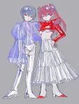  2girls alternate_costume ayanami_rei blue_hair boots breasts cof6ta7w crop_top frilled_leotard frills grey_background hand_on_hip highres juliet_sleeves leotard long_hair long_skirt long_sleeves midriff multiple_girls neon_genesis_evangelion orange_hair puffy_long_sleeves puffy_sleeves red_eyes see-through short_hair silver_footwear silver_legwear silver_leotard simple_background skirt souryuu_asuka_langley thigh-highs thigh_boots twintails under_boob violet_eyes white_skirt 