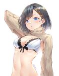  1girl armpits blue_eyes bra breasts ears food_themed_hair_ornament frilled_bra frills grey_hair hair_behind_ear hair_ornament highres looking_at_viewer medium_breasts navel nijisanji_id open_mouth orange_hair_ornament short_hair siska_leontyne solo striped tied_hair twitter_username underwear vertical_stripes white_background white_bra x_hair_ornament xeapher 