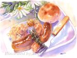  artist_name bread commentary_request english_text flower flower_request food food_request fork marine-island no_humans original sausage signature still_life traditional_media watercolor_(medium) white_flower 