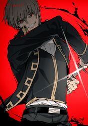  1boy 6tnut9 artist_name bangs black_jacket black_pants black_vest brown_hair eyebrows_behind_hair gintama glint grin hair_between_eyes holding holding_sheath holding_sword holding_weapon jacket katana male_focus okita_sougo open_clothes open_jacket pants red_background red_eyes sheath shinsengumi_(gintama) shirt signature simple_background smile solo sword unsheathing vest weapon white_shirt 