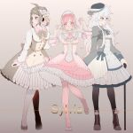  3girls :3 ahoge alternate_costume bangs blush bow bowtie breasts brown_bow brown_dress brown_hair character_name closed_mouth collarbone commentary_request dangan_ronpa_(series) dangan_ronpa_2:_goodbye_despair double-breasted dress frilled_dress frills full_body gradient gradient_background grey_background grey_dress grey_legwear hair_ornament hairband hand_up hands_up heart heart_print highres hinata_hajime layered_dress leg_up light_brown_hair long_sleeves looking_at_viewer medium_breasts medium_hair multiple_girls nanami_chiaki pantyhose pink_bow pink_dress pink_eyes pink_legwear ponytail shoes smile striped striped_dress striped_legwear thigh-highs tuteurfars_shin 